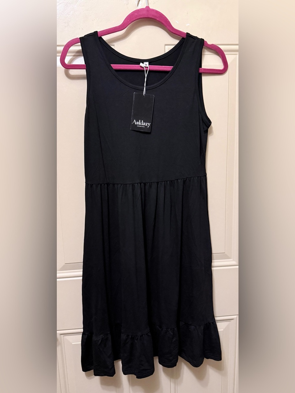 Asklazy Black Sleeveless Pullover Dress with Gathered Waist and Ruffle Size Med